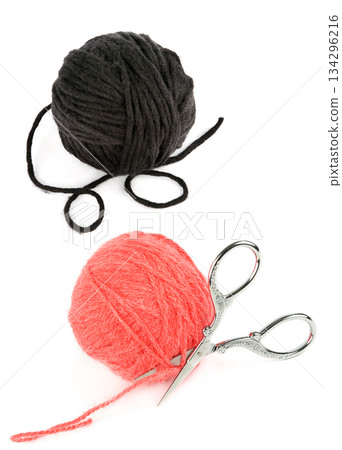 Black and Coral Yarn Balls with Vintage Scissors 134296216
