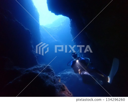 A view of the sea, light and divers from inside an underwater cave A view of the sea, light and divers from inside an underwater cave 134296260