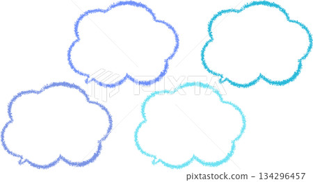 A simple fluffy speech bubble set drawn with crayons. A set of four colored speech bubbles. Hand-drawn cloud shapes. 134296457