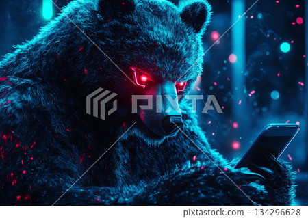a futuristic cyberpunk style ,bear has glowing red eyes, focused on a smartphone. data virus security concept 134296628