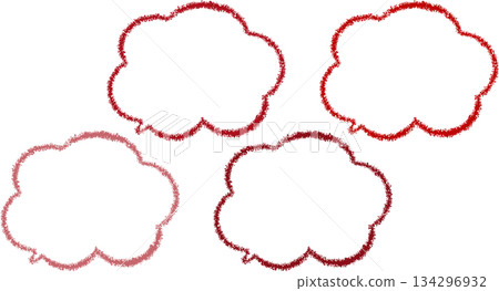 A set of four red speech bubbles drawn with red crayons. Cloud-shaped, hand-drawn style. Scribble. Cute. 134296932