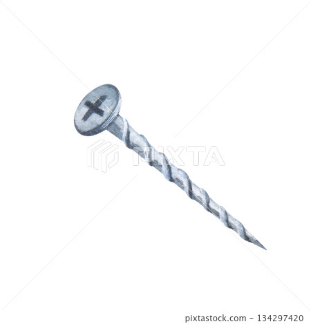 Watercolor illustration of a threaded steel screw on an insulated background. A clipart of a metal working tool for home repairs and construction services. Watercolor illustration of a threaded steel screw on an insulated background. A clipart of a metal working tool for home repairs and construction services. 134297420