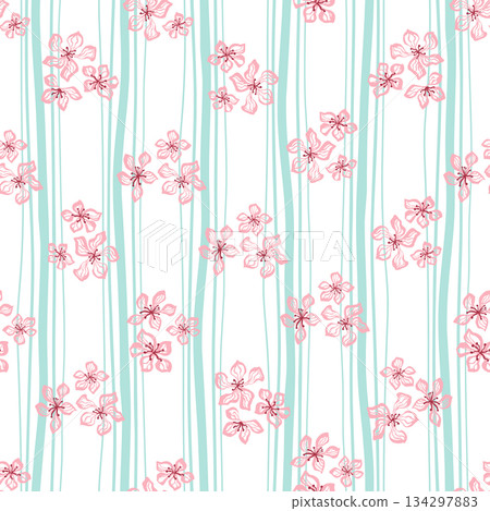 Floral striped seamless pattern in blue and pink colors. Cute hand drawn vector stripes and flowers print, wallpaper. 134297883