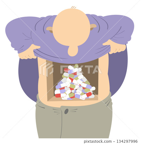 Man. Stomach full of medicine.   Bald man looks inside his stomach full of pills. Health care concept 134297996