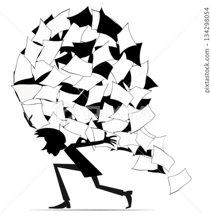 Big pile of papers. Businessman.  Paperwork. File clerk carrying a huge ball of papers on the back 134298054