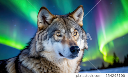 Majestic wolf standing under northern lights on snowy ground, powerful wilderness scene expressing freedom, strength, and mystical connection between nature and frozen night sky Majestic wolf standing under northern lights on snowy ground, powerful wilderness scene expressing freedom, strength, and mystical connection between nature and frozen night sky 134298100