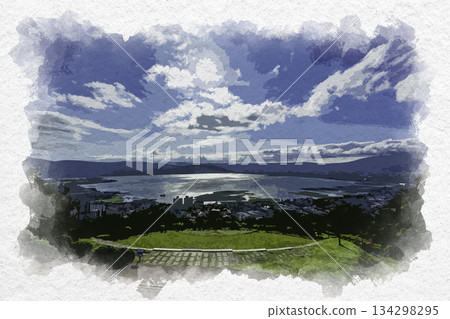 Watercolor painting of Lake Suwa from Suwa Tateishi Park, Suwa City, Nagano Prefecture 134298295