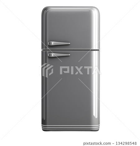 Retro Refrigerator in Blue Color Stands in a Kitchen Setting With Modern Decor and Lighting. Retro Refrigerator in Blue Color Stands in a Kitchen Setting With Modern Decor and Lighting. 134298548