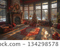 Cozy living room with fireplace, Christmas tree 134298578