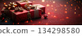 Banner of red gift boxes , gold bows on top of background with copy space 134298580