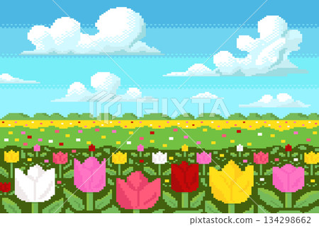 Colorful tulip garden pixel art with blue sky and cloud background in spring. Colorful tulip garden pixel art with blue sky and cloud background in spring. 134298662