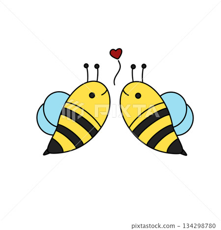 Two cartoon bees holding a heart 134298780