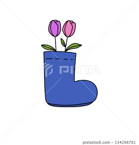 A blue flower pot with pink flowers in it 134298781