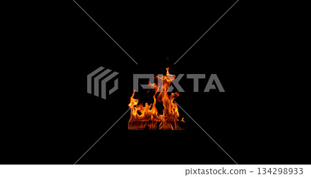 Realistic shot of a burning wooden beam isolated on a black background. Detailed fire textures ideal for VFX, compositing, overlays, graphics, and cinematic effects 134298933