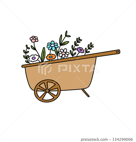 A wooden cart with a wheel and flowers in it 134299006