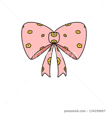 A pink bow with yellow flowers on it 134299007