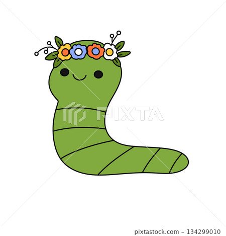 A green caterpillar with a flower crown on its head A green caterpillar with a flower crown on its head 134299010
