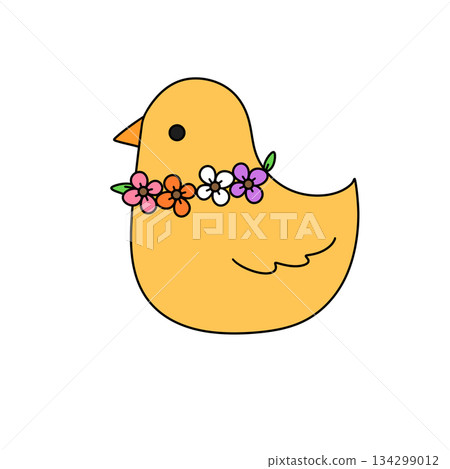 A yellow bird with a flower crown on its head A yellow bird with a flower crown on its head 134299012
