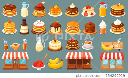煎餅店圖示集 | 咖啡館與甜點店插畫素材 134299019