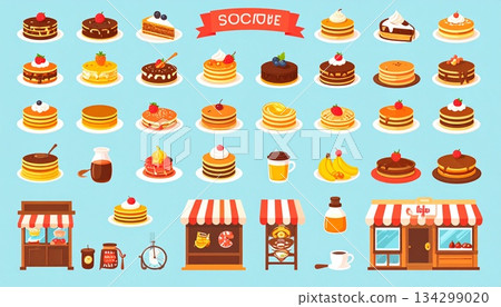煎餅店圖示集 | 咖啡館與甜點店插畫素材 134299020