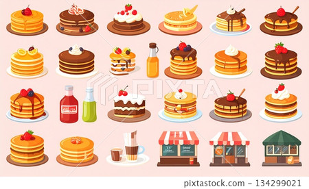 煎餅店圖示集 | 咖啡館與甜點店插畫素材 134299021