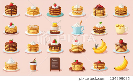 煎餅店圖示集 | 咖啡館與甜點店插畫素材 134299025