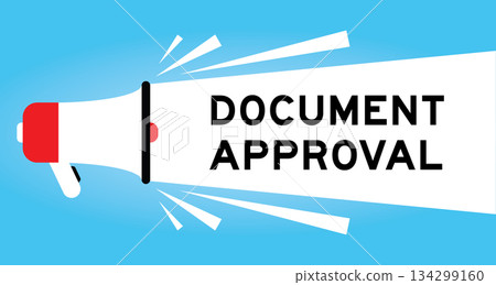 Color megaphone icon with word document approval in white banner on blue background 134299160