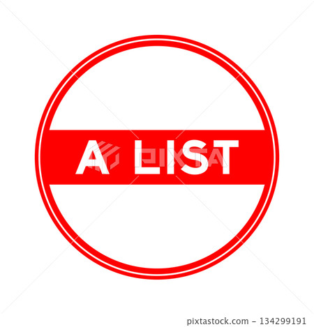Red color round seal sticker in word A list on white background Red color round seal sticker in word A list on white background 134299191