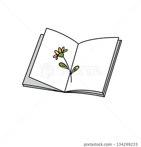 A book is open to a page with a flower drawn on it A book is open to a page with a flower drawn on it 134299233