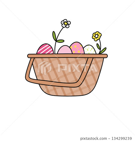 A basket of eggs with flowers in it A basket of eggs with flowers in it 134299239