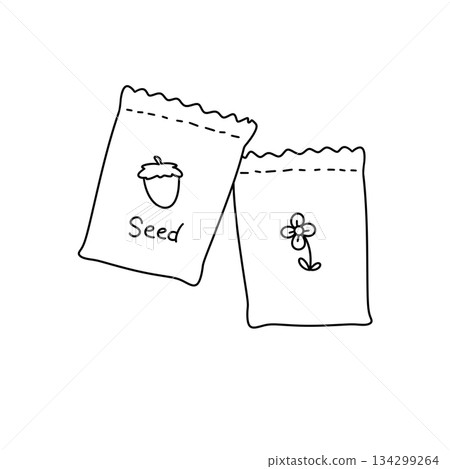 Two bags of seeds, one labeled "seed" and the other labeled "flower." Two bags of seeds, one labeled "seed" and the other labeled "flower." 134299264