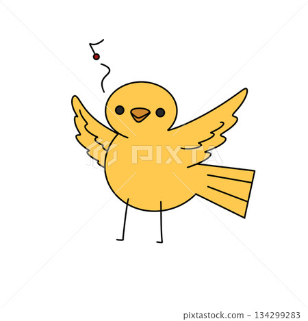 A yellow bird is singing and holding a red object 134299283