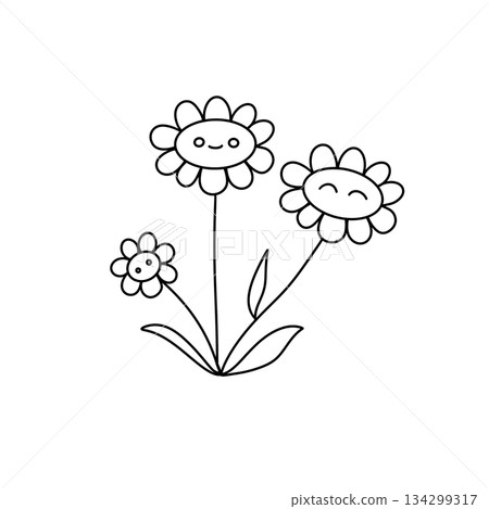 Three cartoon flowers are drawn in a line, with one flower in the middle 134299317
