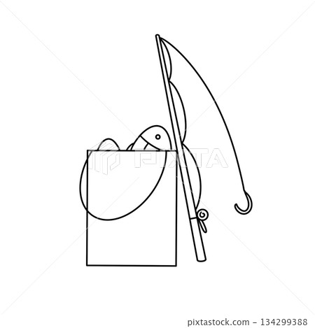 A fishing pole and a bucket with a fish in it A fishing pole and a bucket with a fish in it 134299388
