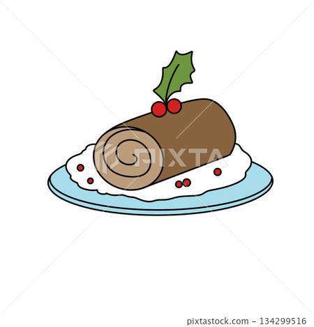 A cartoon drawing of a Christmas cake with a ribbon of holly berries on top 134299516