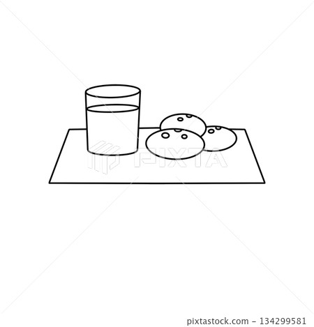 A glass of milk and three cookies are on a plate 134299581