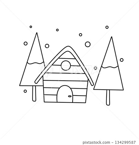 A house with a roof and a chimney is surrounded by trees 134299587