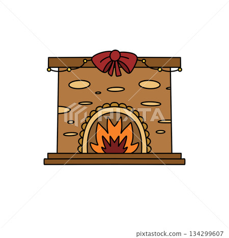 A cartoon drawing of a fireplace with a red bow around it 134299607