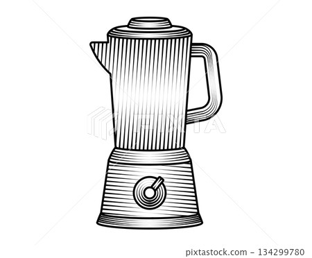 retro electric blender illustration in vintage woodcut style black and white kitchen appliance for mixing classic mixer device with glass jar 134299780