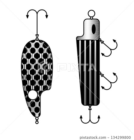 vintage fishing lure illustration with sharp hooks and patterned body for catching fish in retro woodcut style black and white vector art 134299800