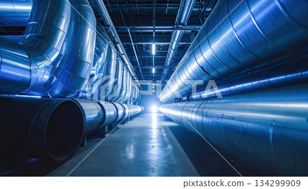 Industrial tunnel interior with modern pipes arranged symmetrically representing balance, harmony, and technological precision in a futuristic functional engineering space. Industrial tunnel interior with modern pipes arranged symmetrically representing balance, harmony, and technological precision in a futuristic functional engineering space. 134299909