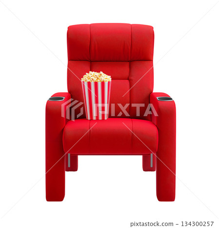 Comfortable Red Movie Chair With Popcorn Ready for a Cozy Movie Night at Home or in a Theater Setting 134300257