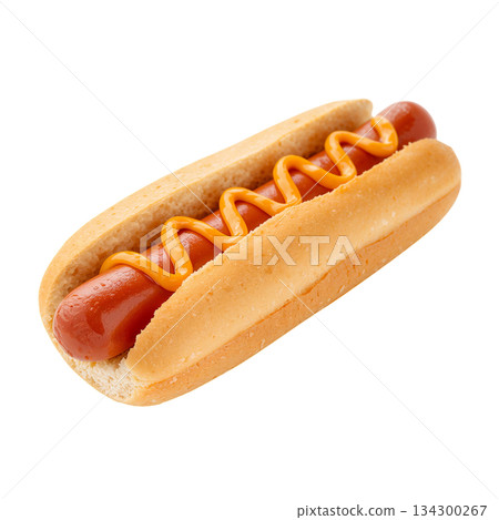 Enjoying a Classic Hot Dog With Mustard During a Summer Picnic at the Park 134300267