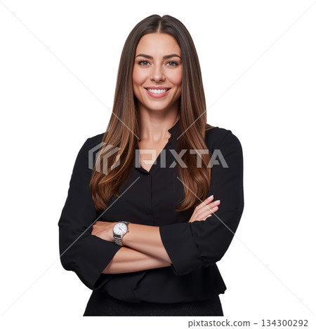Confident Woman With Long Brown Hair Smiling in a Black Top, Arms Crossed, Indoor Setting 134300292