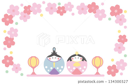 圓圓可愛的雛人偶和花朵雛祭相框 圓圓可愛的雛人偶和花朵雛祭相框 134300327