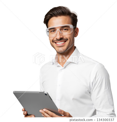 Smiling Man With Glasses Holding a Tablet in a Bright and Clean Environment 134300337