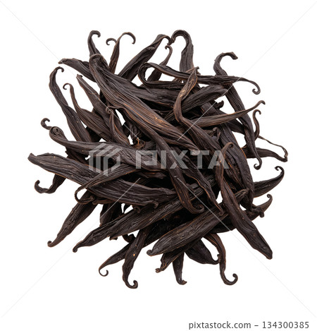 Dried Vanilla Beans Arranged Neatly on a White Background Ready for Culinary Use in Various Dishes 134300385