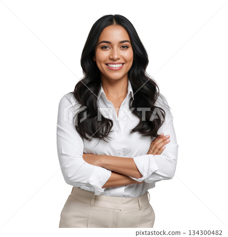 Professional Woman in a White Shirt Poses Confidently With a Smile and Crossed Arms 134300482