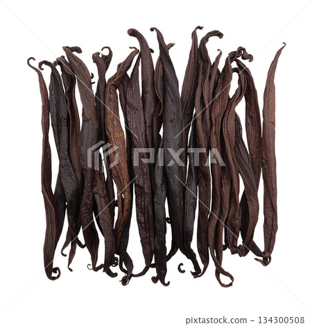Dried Vanilla Beans Arranged Neatly on a White Background Ready for Culinary Use in Various Dishes 134300508