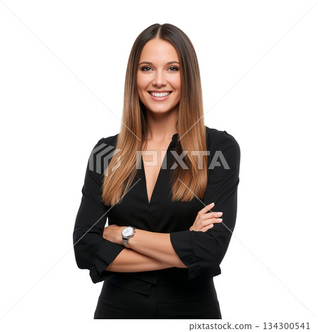 Confident Woman With Long Brown Hair Smiling in a Black Top, Arms Crossed, Indoor Setting 134300541